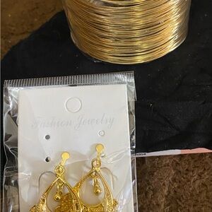Fashion Jewelry Gold Filigree Teardrop Dangle Earrings and Gold Bangle Cuff
